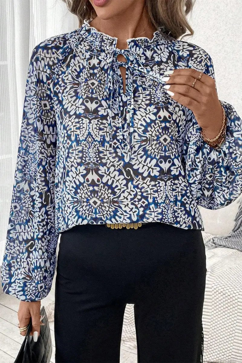 Blue Tribal Print Lace-up Frilled Neck Puff Sleeve Blouse - Love Salve